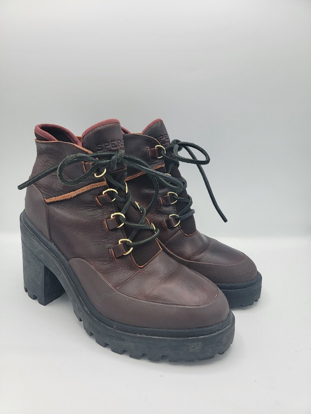 Sperry Women's Dark Brown Leather Lug Heel Lace-Up Ankle Boots(Ssmple Boot)